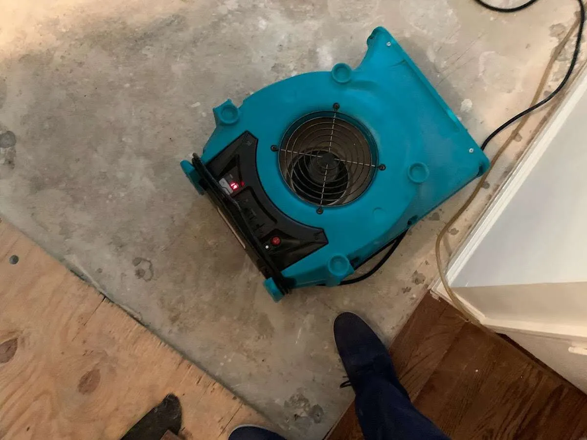 Air mover drying subfloor during Commercial Water Damage Restoration in Kalkaska